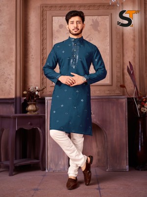 Traditional Silk Work Roman Black Kurta With Pajama